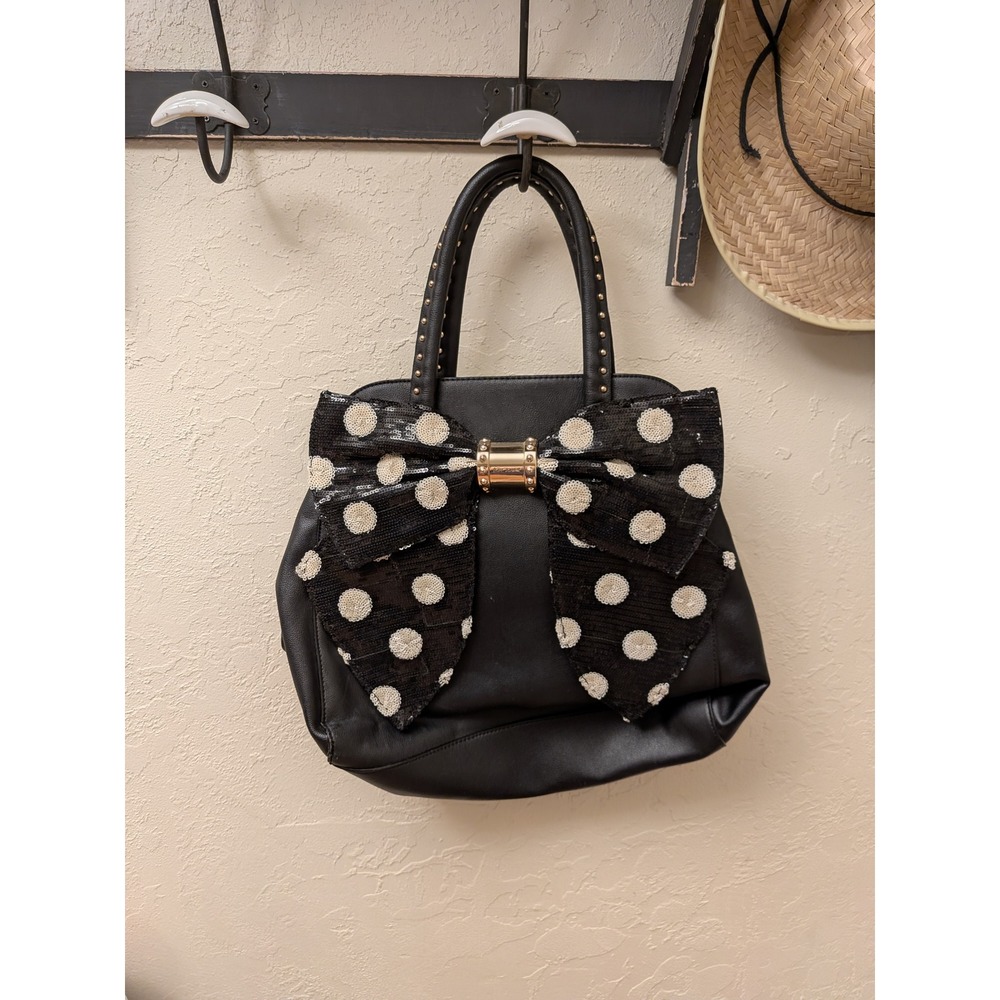 Betsey Johnson Black Fauxβ Leather Tote Bag Sparkle Sequin Bow Polka Dot Gold